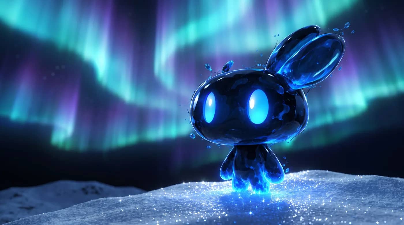 A cyan aurora over a quiet snowfield.