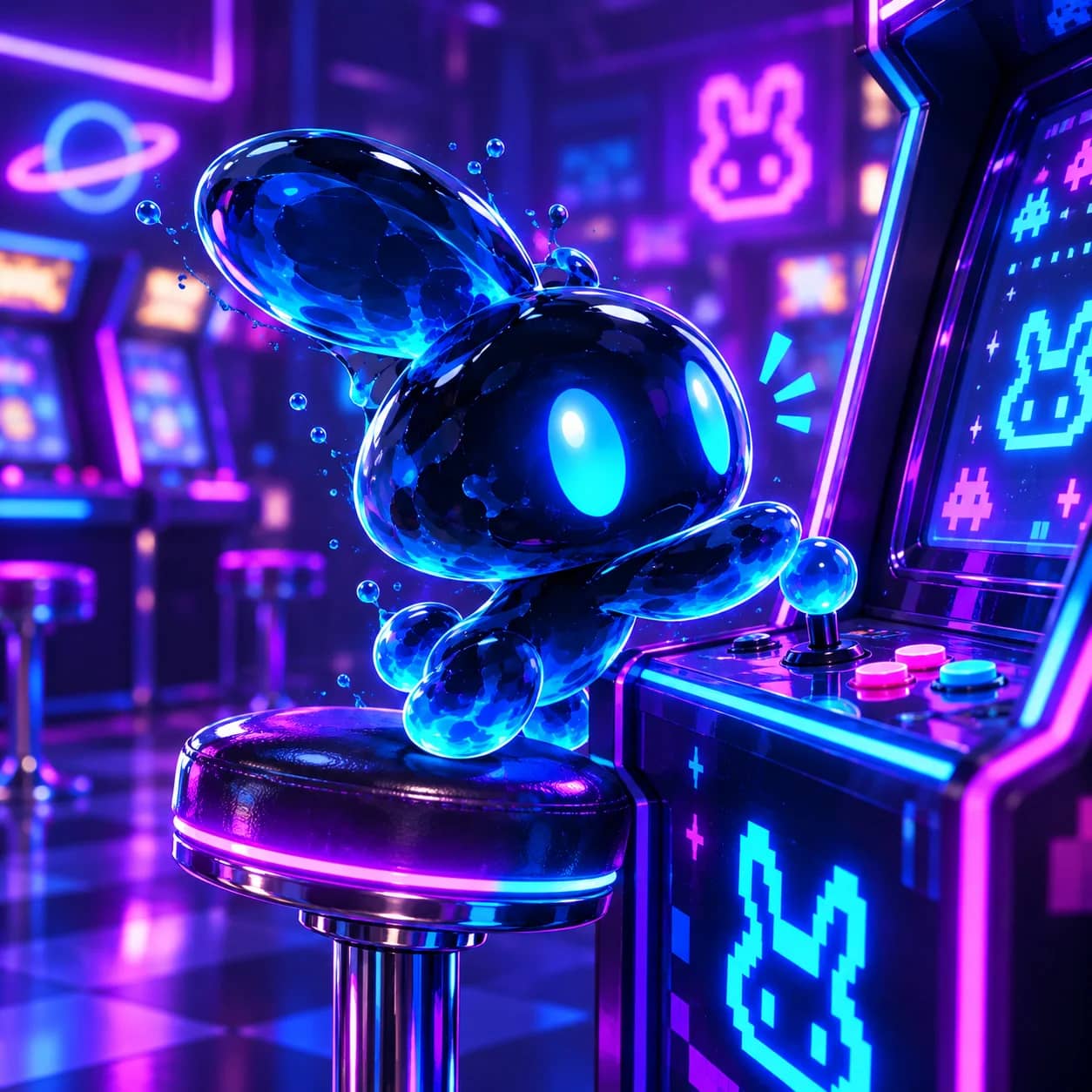 Oomi springing toward an arcade joystick, droplets flying, mid-excitement.
