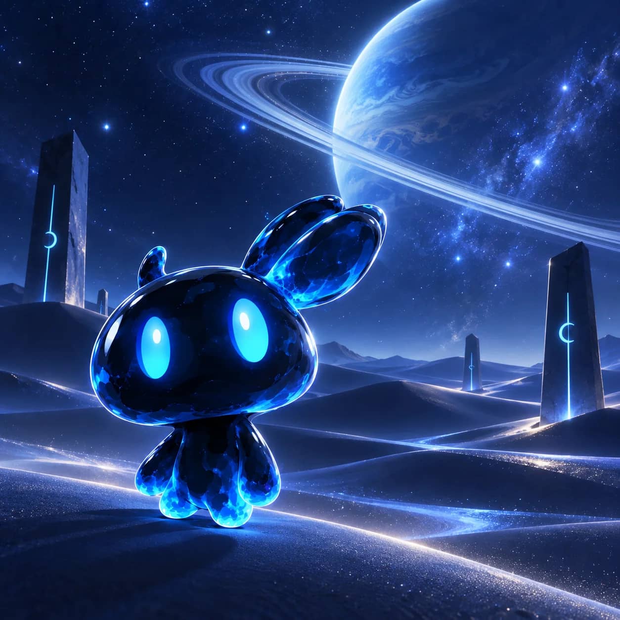 Oomi crossing silver dunes beneath a ringed planet, flanked by glowing obelisks.