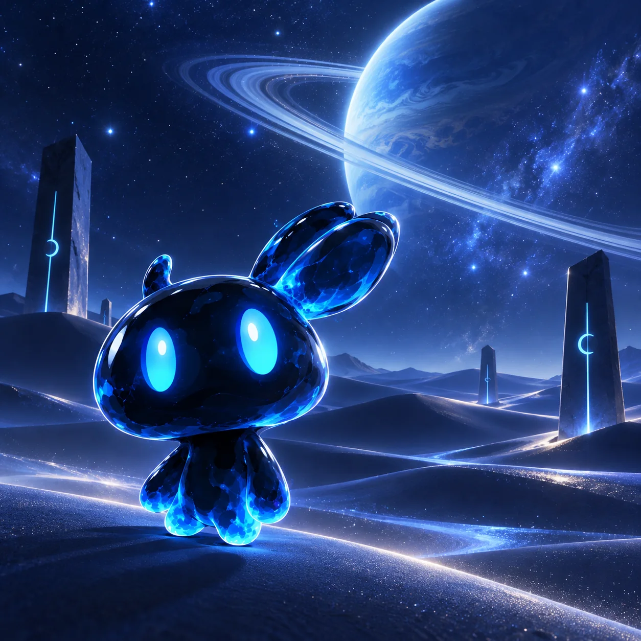 Oomi crossing silver dunes beneath a ringed planet, flanked by glowing obelisks.
