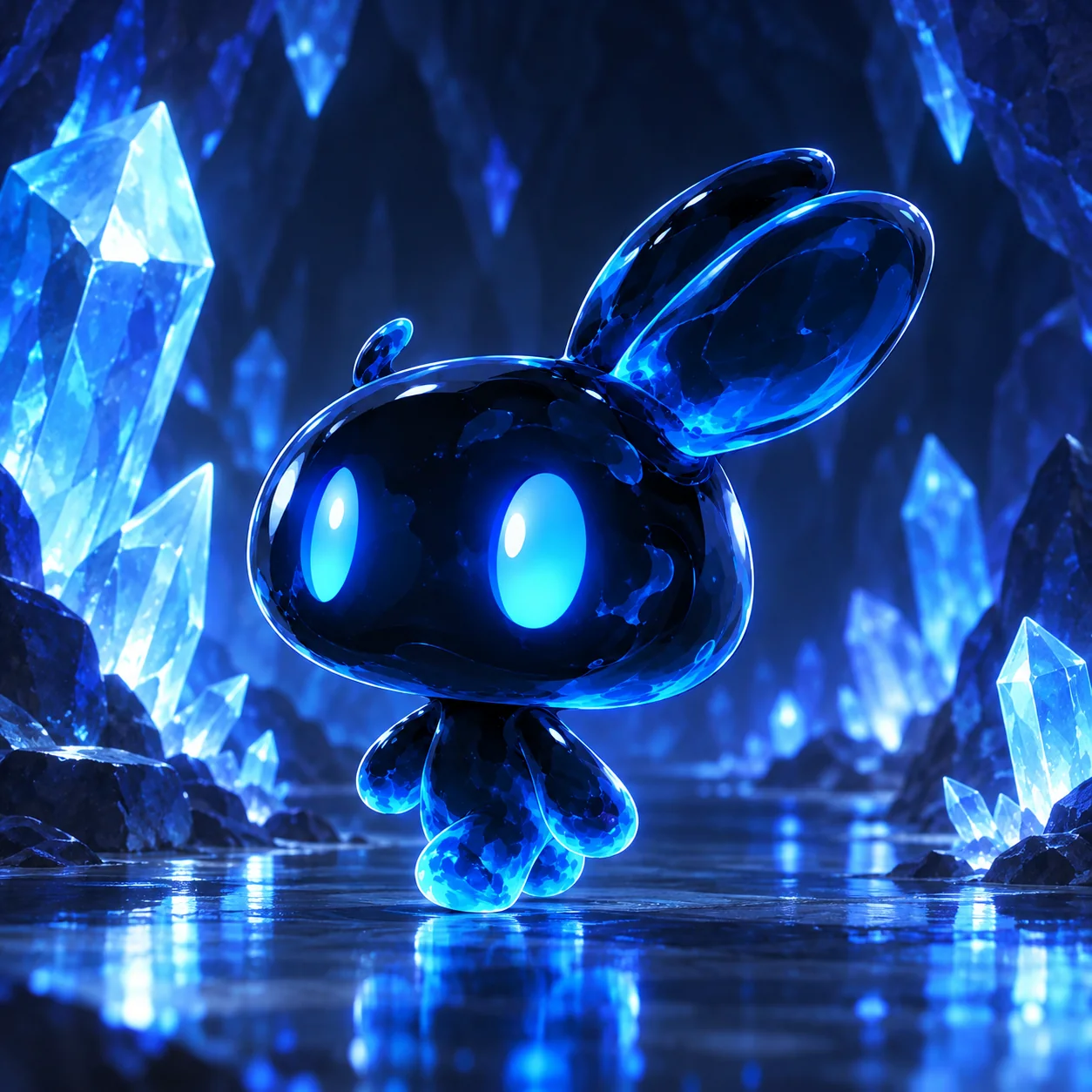Oomi stepping across a mirrored floor in a cavern of luminous crystals.